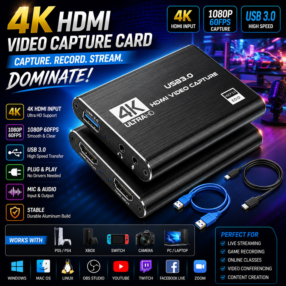 4K 1080P 60FPS HDMI to USB 3.0 Video Capture Card For PS4/PC/OBS Nintendo Switch
