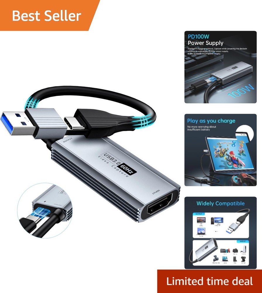 Video Capture Device with 100W PD Fast Charging for Switch PS4 Xbox Quest