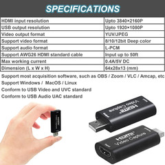 4K HDMI to USB 2.0 Video Capture Card 1080P Cam Link Card Game Capture Card Adap