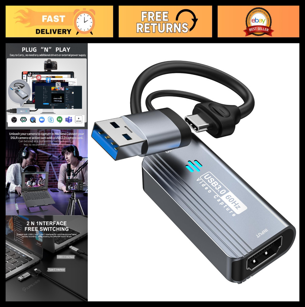 4K HDMI to USB Capture Card, 1080P 60FPS Video Capture for Streaming & Gaming