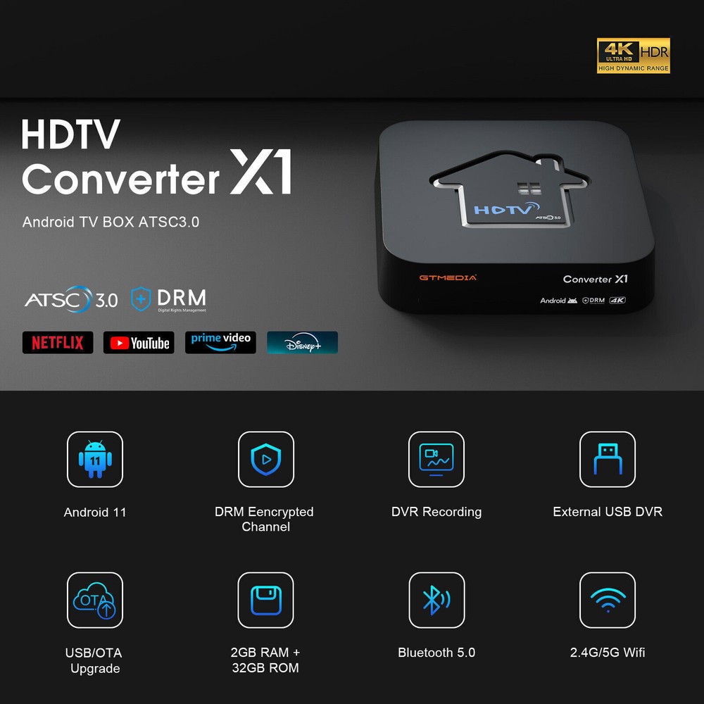 4K UHD ATSC 3.0 Certified TV Tuner Digital Terrestrial OTA Smart TV Box Free DVR