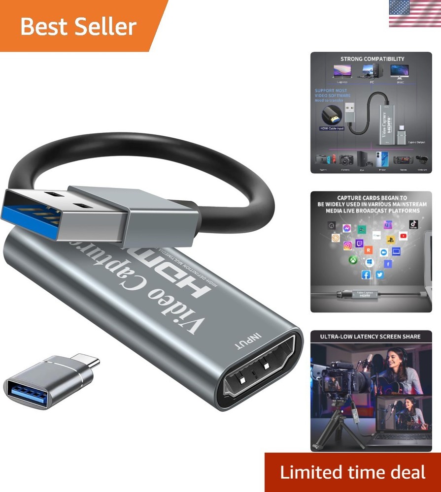 Ultra-Low Latency HDMI Capture Card – 1080P HD 60fps, Plug-and-Play Convenience