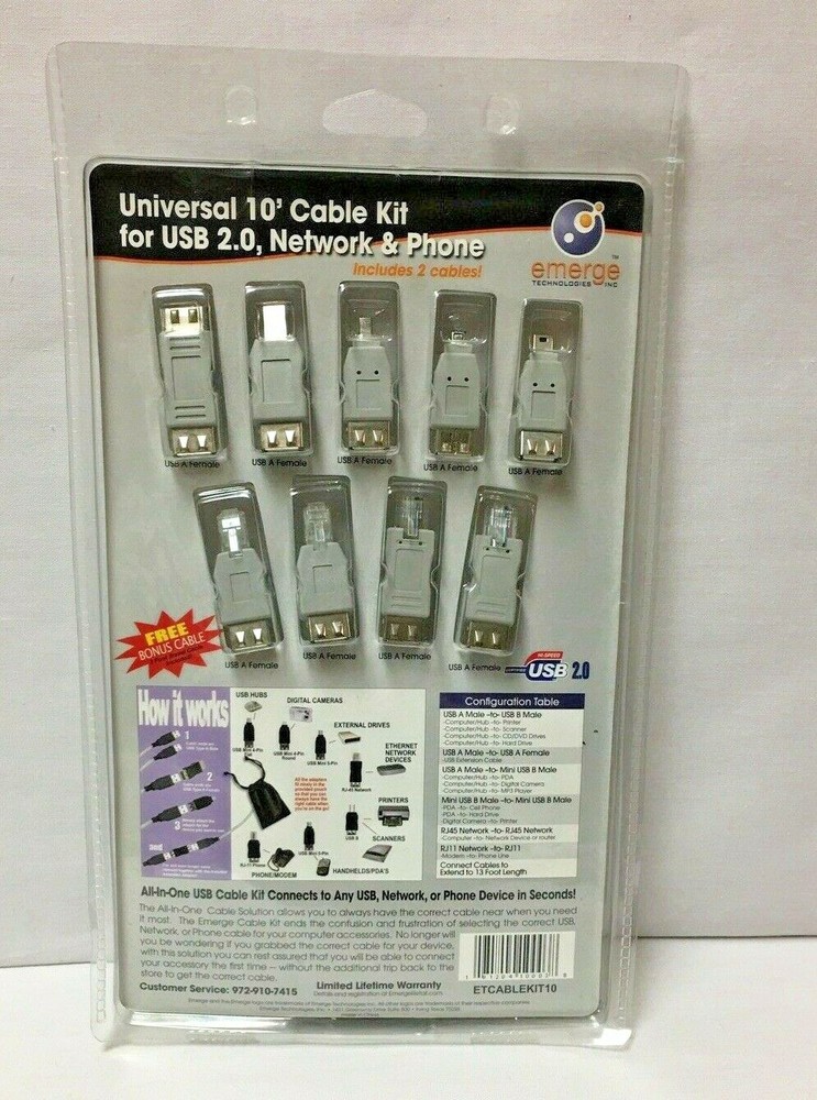 Emerge Universal 10’ Cable Kit For Usb 2.0, Network & Phone Computer NEW!