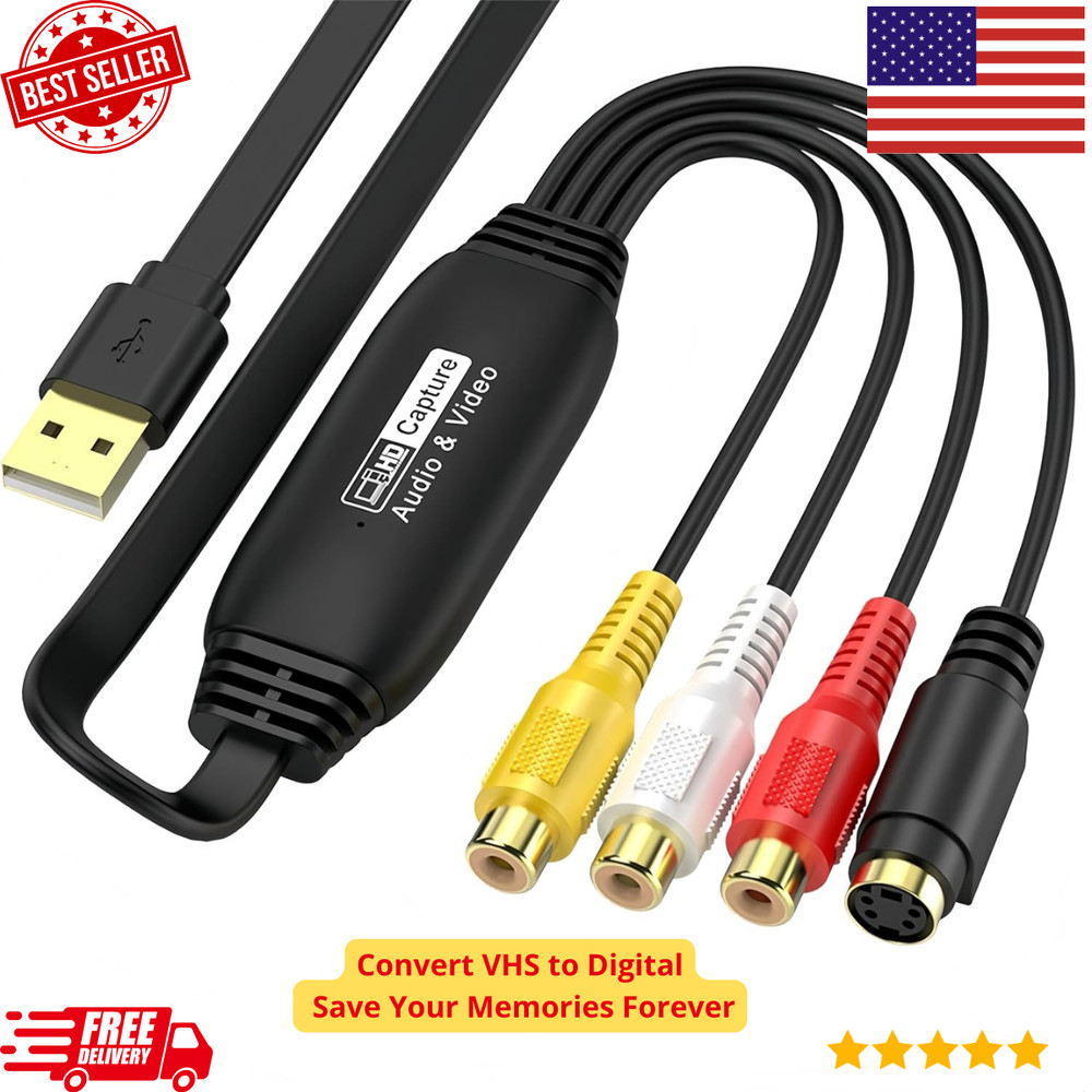 VHS to Digital Converter USB Video Capture Card RCA AV to USB for VCR DVD PC