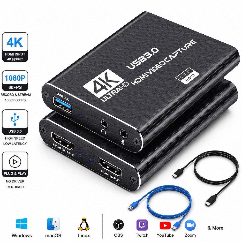 4K HDMI Capture Card USB 3.0 Video Recorder 1080P 60FPS Streaming Adapter