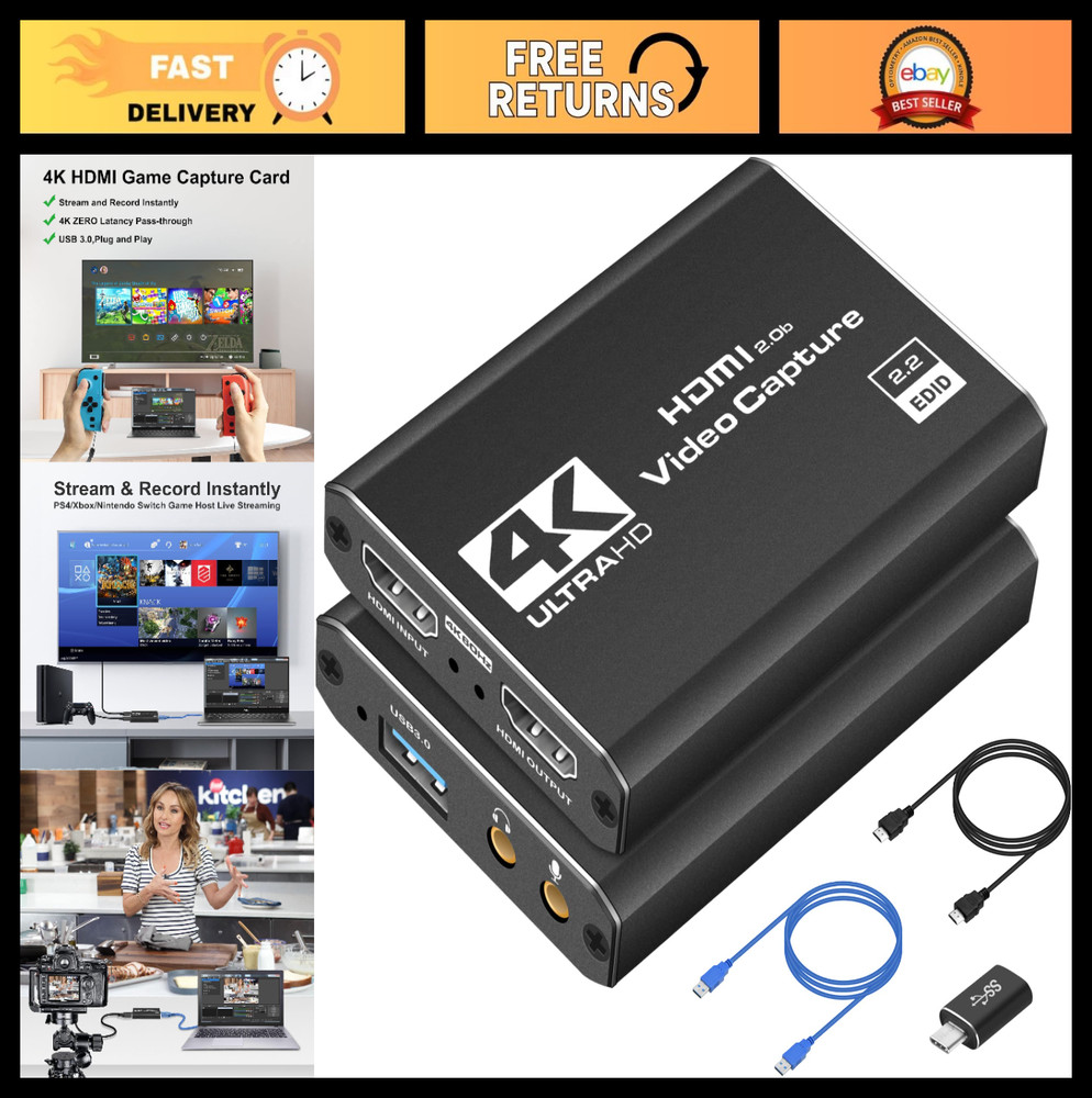 4K HDMI Capture Card USB 3.0 – 1080P 60FPS Gaming & Streaming, Low-Latency, Plug