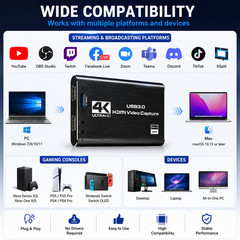 4K HDMI Video Capture Card USB 3.0 1080P60 Recorder OBS PS5 Xbox Streaming