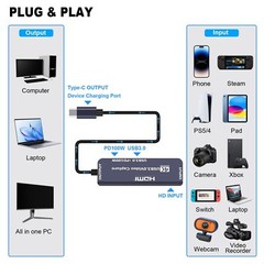 USB 3.0 Video Capture Card with 100W Power Supply & 3.0 Port 4K HDMI to USB C/…