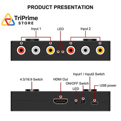 2 RCA to HDMI, 1080P 2 Way RCA Composite CVBS AV Switch to HDMI Video Audio Conv