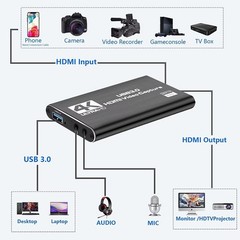 4K HDMI Capture Card for Streaming, Full HD 1080P 60FPS USB Cam Link Game Audio