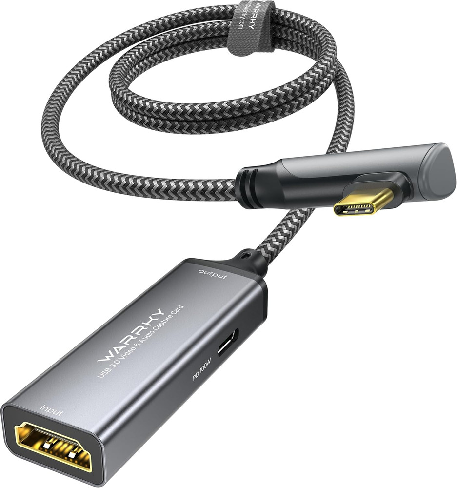 WARRKY Video Capture Card with 100W Power Delivery & Right-Angle USB-C | 1080P 6