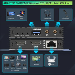 USB 3.0 Video Capture Card HDMI 1Gb Ethernet RJ45 to USB/Type-c Game Grabber Rec