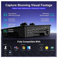 4K Video Capture Card with Audio Mixer, 1080P 60fps Streaming, 4K Zero-Latency L