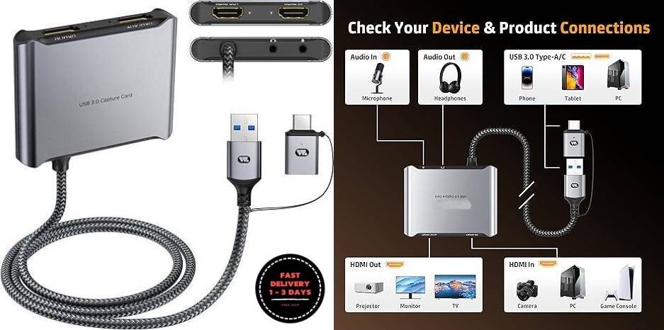 Tarjeta de captura HDMI 4K con cable USB 3.0 fijo, salida de bucle 4K.neuvo.2024