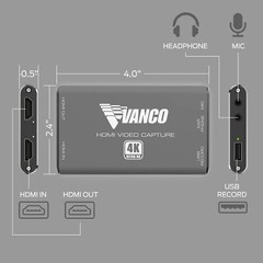 Vanco 4K HDMI to USB Capture Device with Audio Input/Output – Featuring a Maximu