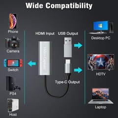 Video Capture Card, USB3.0 HDMI to USB C Capture Card, 4K 1080P 60FPS
