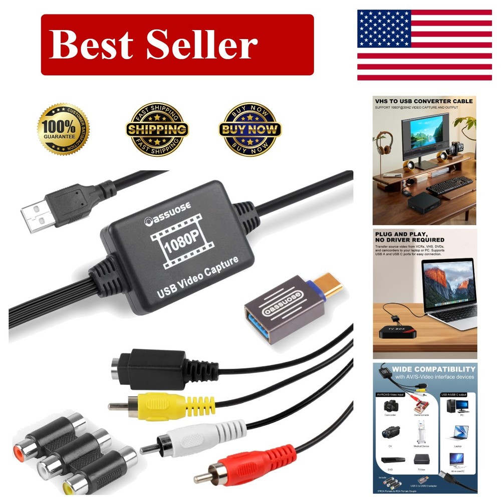 VHS to Digital Converter,USB-A/USB-C Video 1080P Capture Card,RCA/AV to USB2.0 A