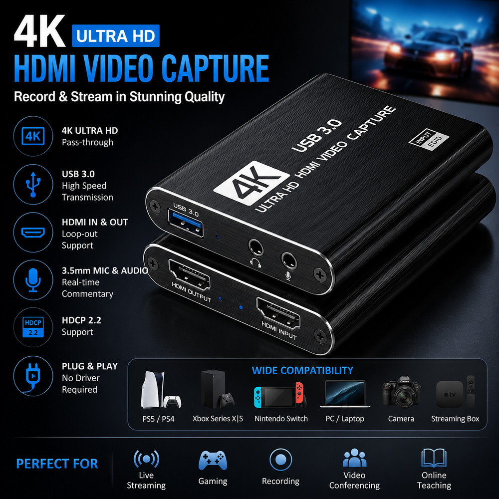 4K HDMI Video Capture Card USB 3.0 Recorder for Streaming Gaming PC