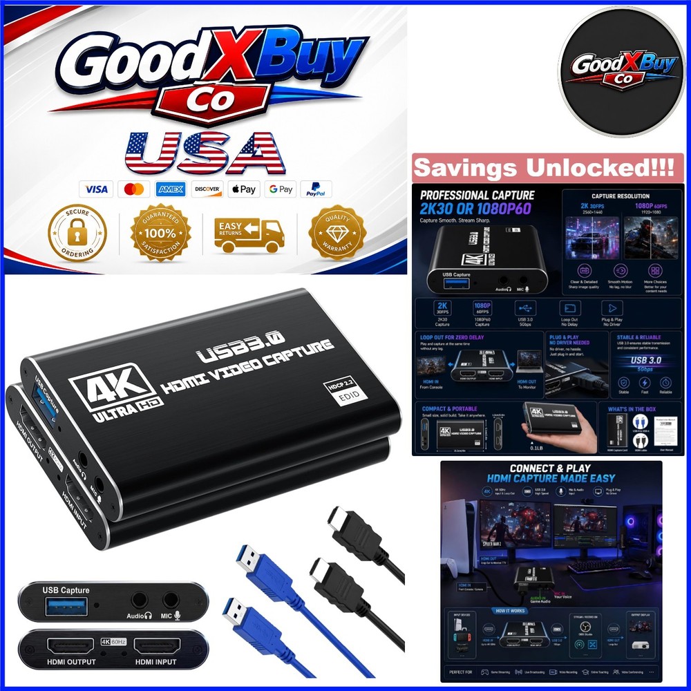 USB 3.0 HDMI Capture Card 1080P 60FPS 4K Pass-Through for PS5, Switch, Xbox, …