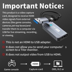 4K HDMI to USB Capture Card, 1080P 60FPS Video Capture for Streaming & Gaming